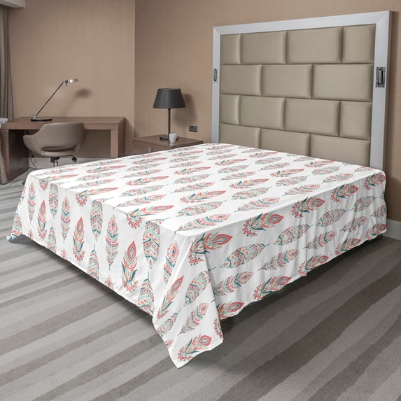 Ambesonne Feather Flat Sheet, Hippie Color Boho Plumage, King Size, Dark Coral and Seafoam