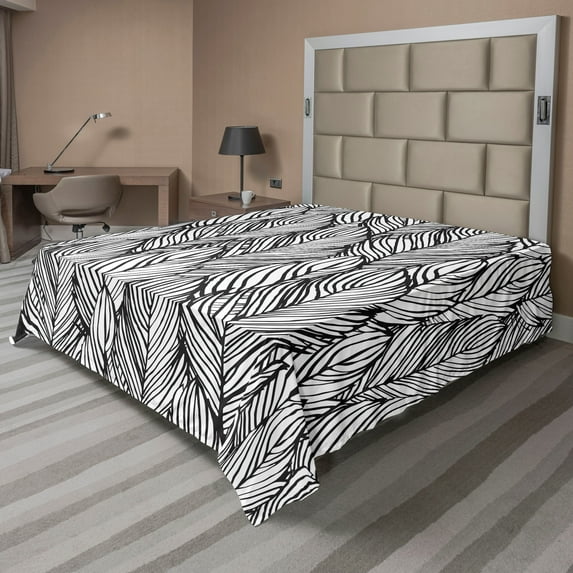 Ambesonne Feather Flat Sheet, Monochrome Outline, Full Size, Charcoal Grey White