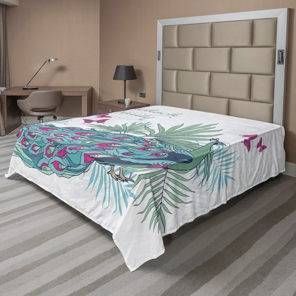 Ambesonne Feather Flat Sheet, Peacock Beauty Lettering, Full Size, Coconut and Multicolor