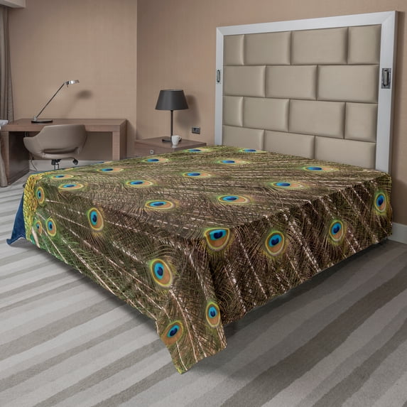 Ambesonne Feather Flat Sheet, Peacock Making the Wheel, Queen Size, Multicolor