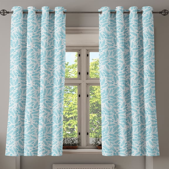 Ambesonne Feather Grommet Curtain, Pattern of Quills and Sun, 50" x 63", Pale Blue and White
