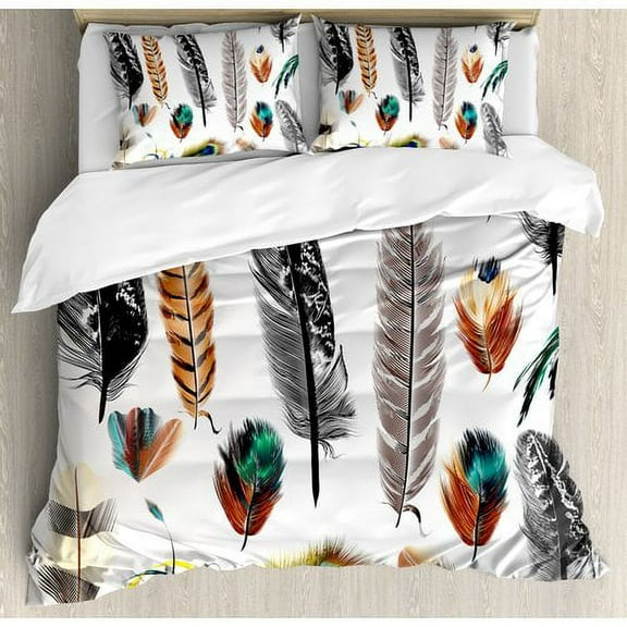 Ambesonne Feather House Set of Detailed Big and Small Several Bird Feathers in Vibrant Colors Boho Duvet Cover Set