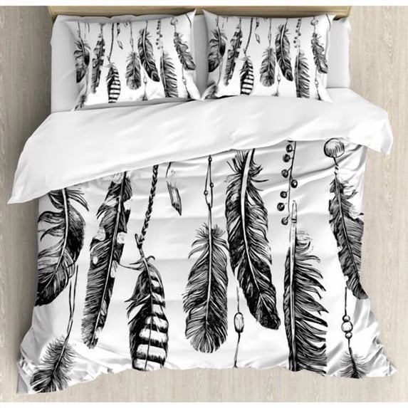 Ambesonne Feather House Simplistic Hand Drawn Design of Indian Feathers with Grunge Ritual Print Duvet Cover Set