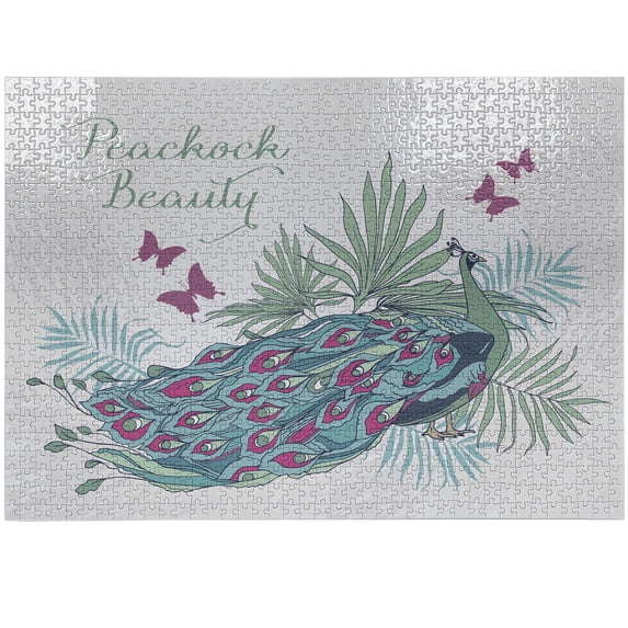 Ambesonne Feather Jigsaw Puzzle Durable Cardboard, Peacock Beauty Lettering, 1000 pcs, Coconut and Multicolor