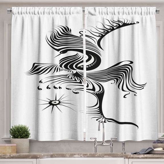 Ambesonne Feather Kitchen Curtains, Abstract Phoenix Design, 55"x39", Black and White