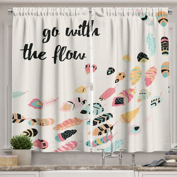 Ambesonne Feather Kitchen Curtains, Go with the Flow Words, 55"x39", Multicolor