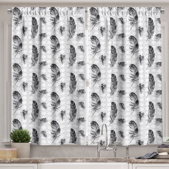 Ambesonne Feather Kitchen Curtains, Grunge Geometric Gothic, 55"x45", Pale Grey Black White