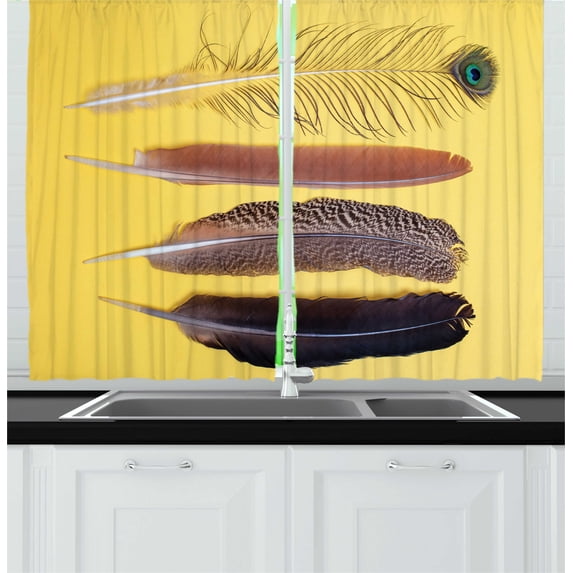 Ambesonne Feather Kitchen Curtains, Orient Animal Wing Items, 55"x45", Mustard and Multicolor