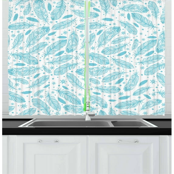 Ambesonne Feather Kitchen Curtains, Pattern of Quills and Sun, 55"x39", Pale Blue and White