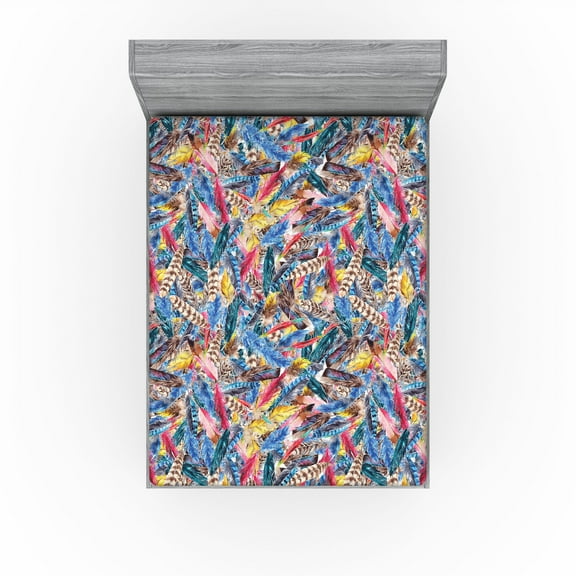 Ambesonne Feather Pattern Fitted Sheet, Colorful Fuzz Print, California King, Dark Lavender Multicolor