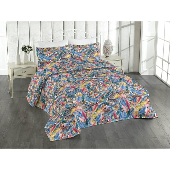 Ambesonne Feather Pattern Quilted Bedspread Set 3 Pcs, Colorful Fuzz Print, Queen, Dark Lavender Multicolor