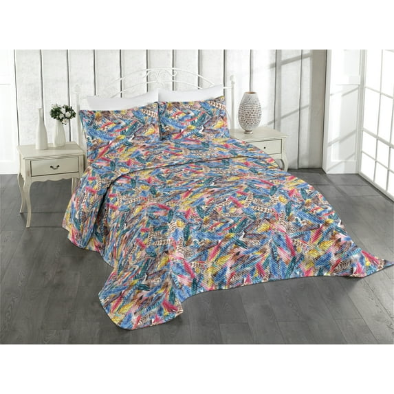 Ambesonne Feather Pattern Quilted Coverlet 3 Pcs, Colorful Fuzz Print, King Size, Dark Lavender Multicolor