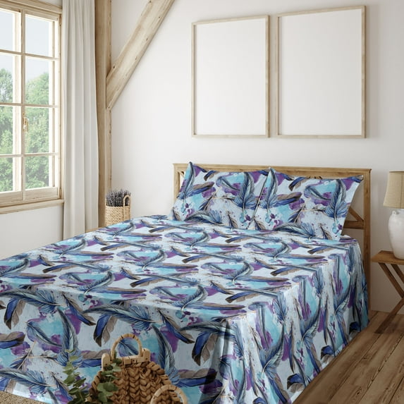 Ambesonne Feather Print Fitted & Flat Sheet with Shams 4 Pcs Set, Modern Boho Vibes, King, Pale Sky Blue and Indigo