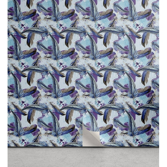 Ambesonne Feather Print Peel & Stick Wallpaper for Home, Modern Boho Vibes, 13"x36", Pale Sky Blue and Indigo