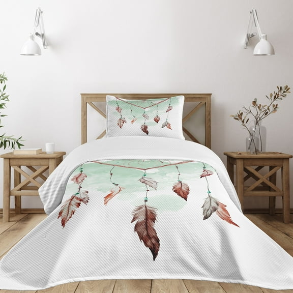Ambesonne Feather Quilted Bedspread Set 2 Pcs, Dreamcathcer Tradition, Twin Size, Mint Green Brown