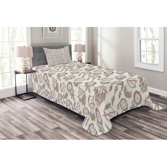 Ambesonne Feather Quilted Bedspread Set 2 Pcs, Native Dreamcatchers, Twin Size, Pale Brown Beige