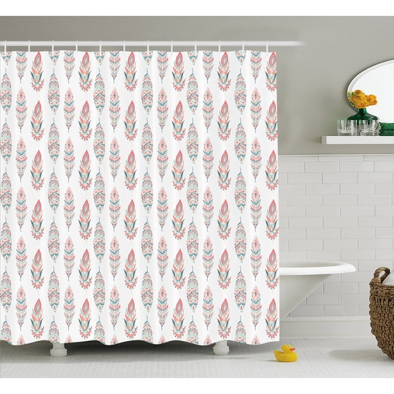 Ambesonne Feather Shower Curtain, Hippie Color Boho Plumage, 69"Wx84"L, Dark Coral and Seafoam