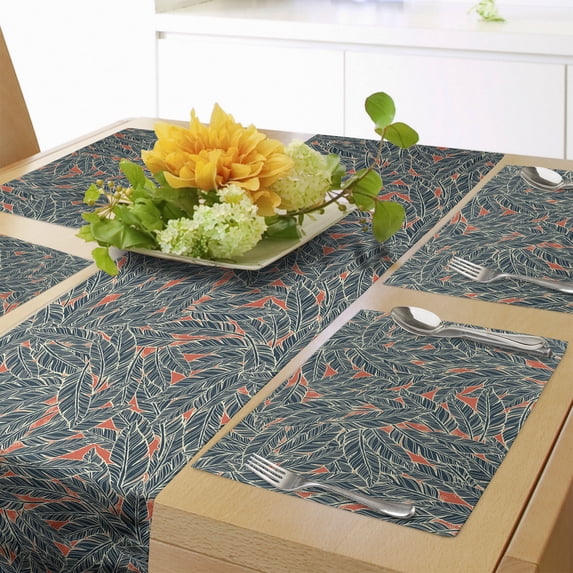 Ambesonne Feather Table Runner & Placemats, Modern, Placemat 4 pcs + Runner 14"x90", Black Scarlet Cream
