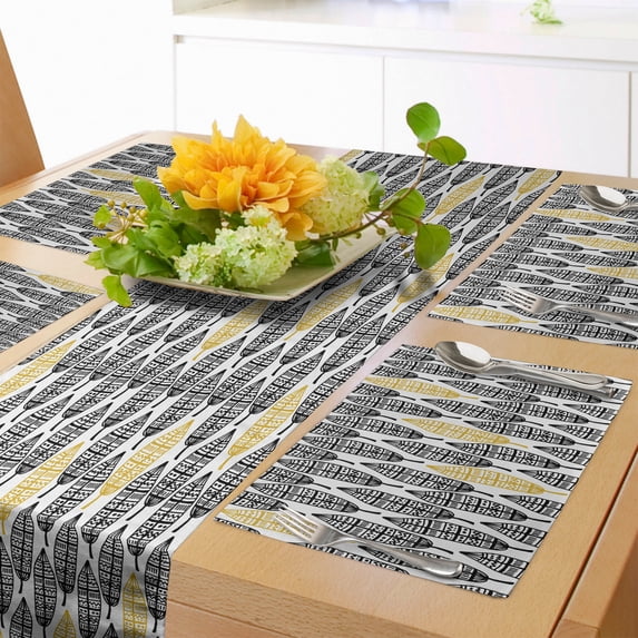 Ambesonne Feather Table Runner & Placemats, Style Art Tribal, Placemat 4 pcs + Runner 14"x90", Black White Mustard