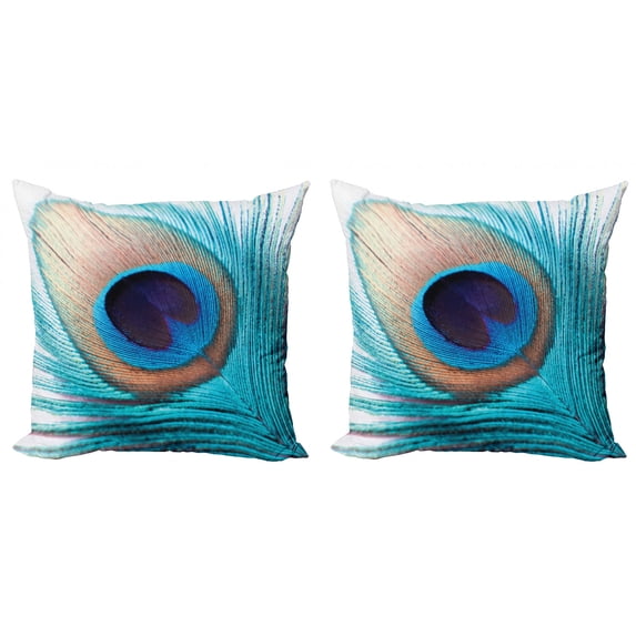 Ambesonne Feather Throw Pillow Cover 2 Pack, Close up Peacock Fluff Art, 16", Multicolor
