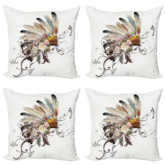 Ambesonne Feather Throw Pillow Cover 4 Pack, Head Wear Flowers, 18", Multicolor