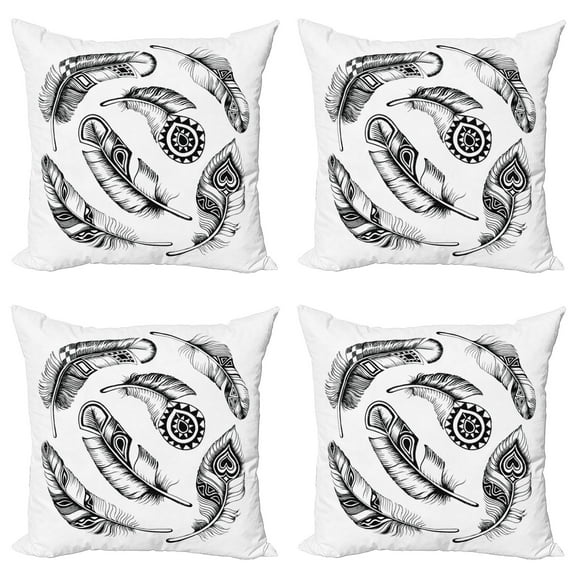 Ambesonne Feather Throw Pillow Cover 4 Pack, Prehistoric Tribal Geometric, 16", White and Black