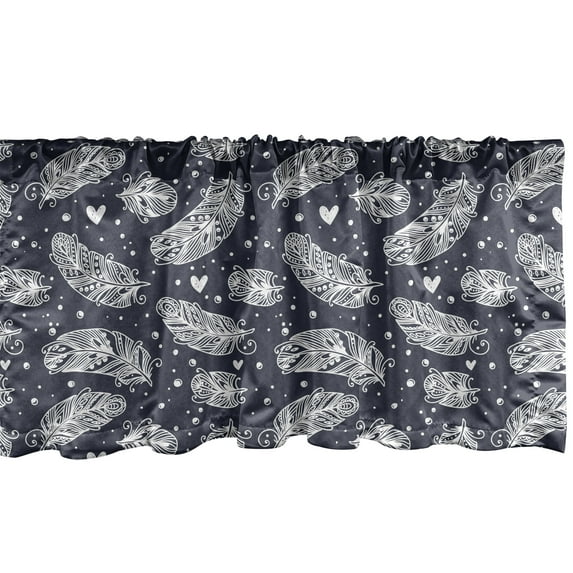 Ambesonne Feather Window Valance, Vintage Plumage Pattern with Little Doodle Hearts Love Folk, Curtain Valance for Kitchen Bedroom Decor with Rod Pocket, 54" X 18", Dark Blue Grey White