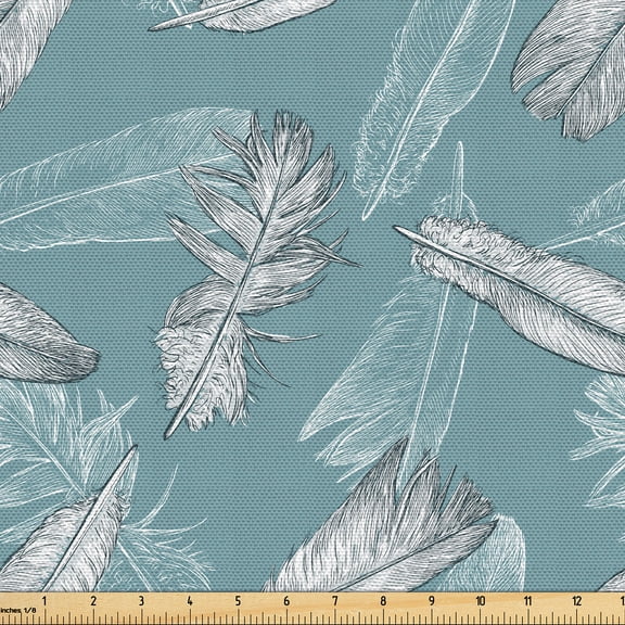 Ambesonne Feathers Fabric by the Yard Upholstery, Abstract Exotic Pattern, 1 Yard, Pale Teal and Off White