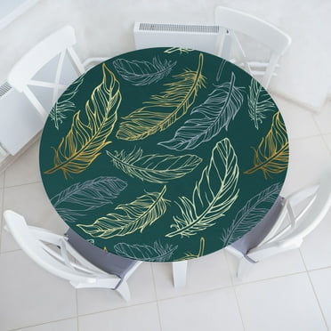 Ambesonne Feathers Fitted Round Tablecloth, Nature Theme Bohemian Vibe, 36"- 40" Diameter, Dark Teal Mauve and Cream