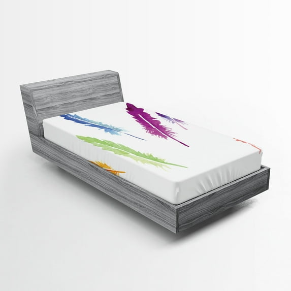 Ambesonne Feathers Fitted Sheet, Watercolors, Twin XL Size, Multicolor