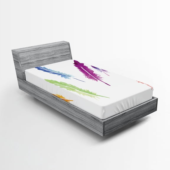 Ambesonne Feathers Fitted Sheet, Watercolors, Twin XL Size, Multicolor