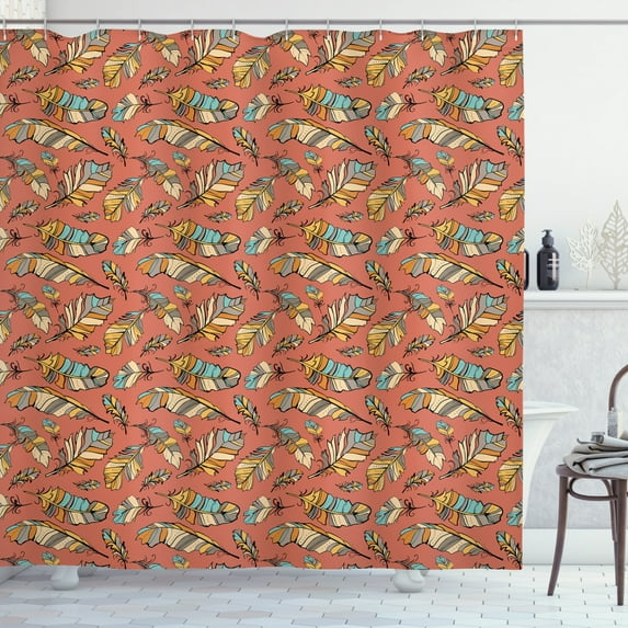 Ambesonne Feathers Shower Curtain, Retro Stripes Doodle Work, 69"Wx84"L, Dark Salmon Multicolor