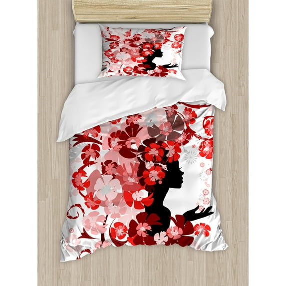 Ambesonne Femimine Duvet Cover Sets, Flower Girl Long Hair, 2-Twin, Black Pink and Red