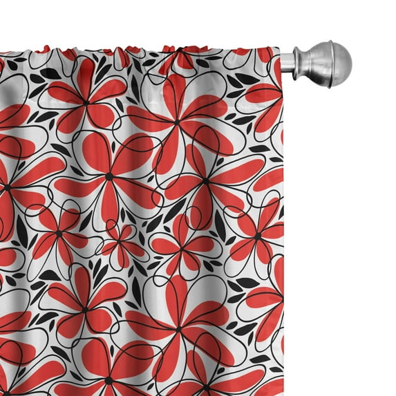 Ambesonne Feminine Window Curtains, Doodle Flower Romance Art, Each 28" W x 95" L, Scarlet White Black