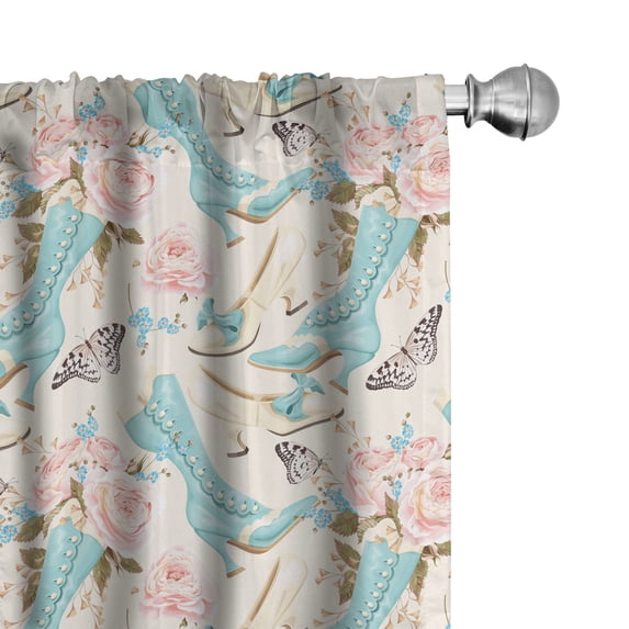 Ambesonne Feminine Window Curtains, Shoes Roses Butterflies, Each 28" W x 84" L, Pale Pink and Blue