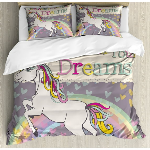 Ambesonne Feminine Duvet Cover Set, Believe in Your Dreams Say, Queen, Beige and Lilac