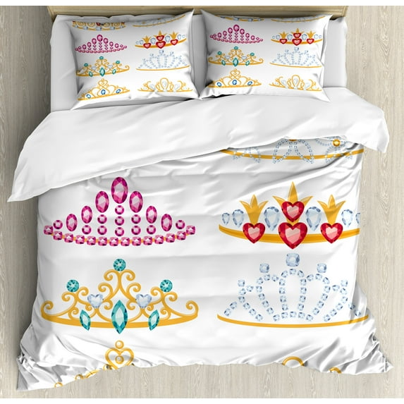 Ambesonne Feminine Duvet Cover Set, Golden Gemstones Tiaras, King, Yellow Pink Red