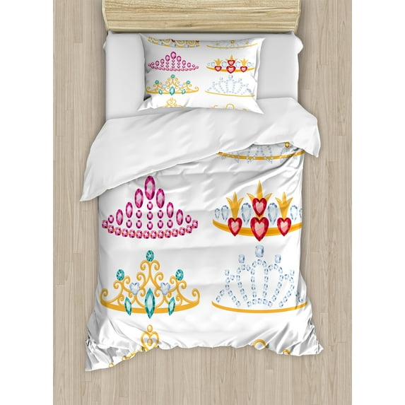 Ambesonne Feminine Duvet Cover Set, Golden Gemstones Tiaras, Twin, Yellow Pink Red