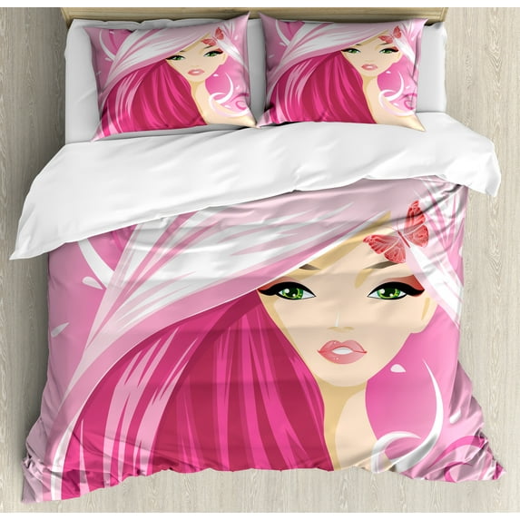 Ambesonne Feminine Duvet Cover Set, Pinky Girl and Butterfly, 2-Calking, Pink and Multicolor
