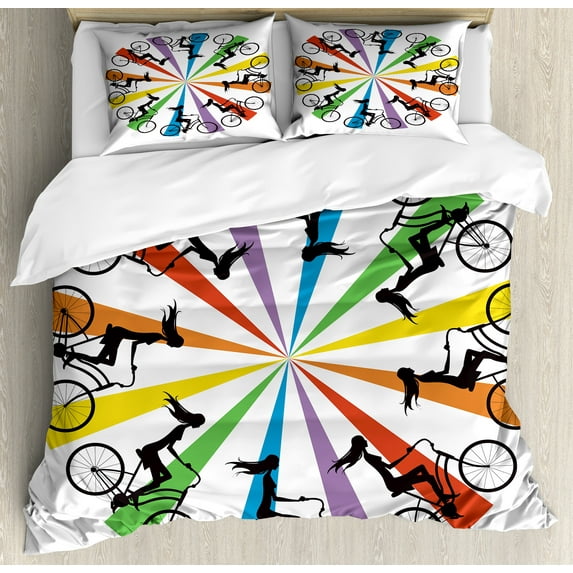 Ambesonne Feminine Duvet Cover Sets, Lady on Bike Rainbow, 2-King, Blue Red