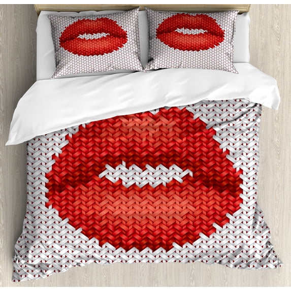 Ambesonne Feminine Duvet Cover Sets, Retro Effect Lips Design, 2-King, Grey and Red