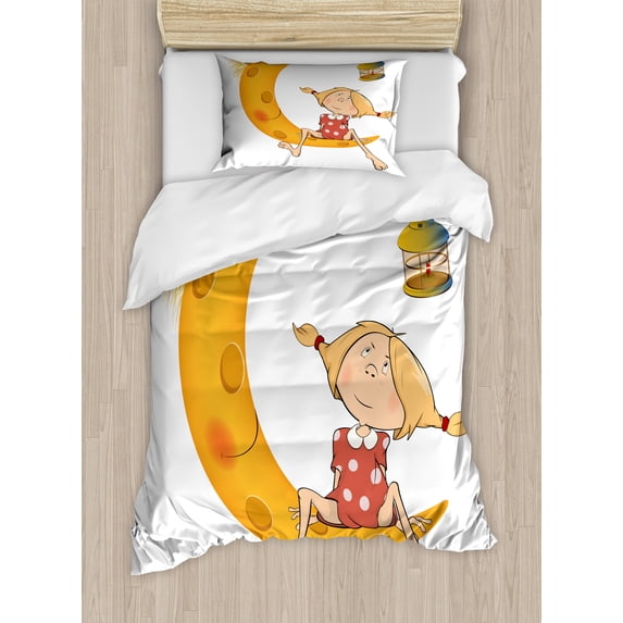 Ambesonne Feminine Duvet Cover Sets, Sitting on the Moon, 2-Twin, Orange