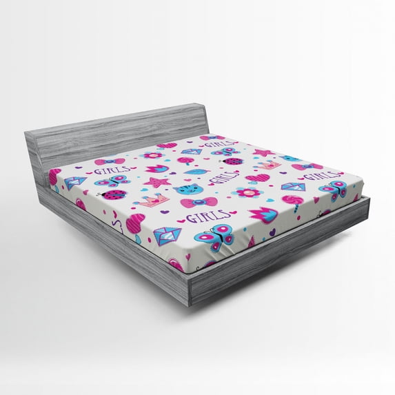 Ambesonne Feminine Fitted Sheet, Bowtie Ladybird Cat Fun, Full Size, Fuchsia and Blue