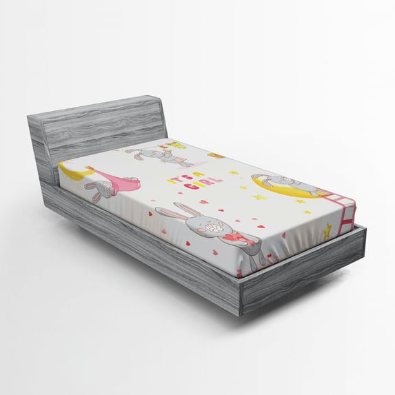 Ambesonne Feminine Fitted Sheet, Bunny Love Moon, Twin XL Size, Yellow Beige