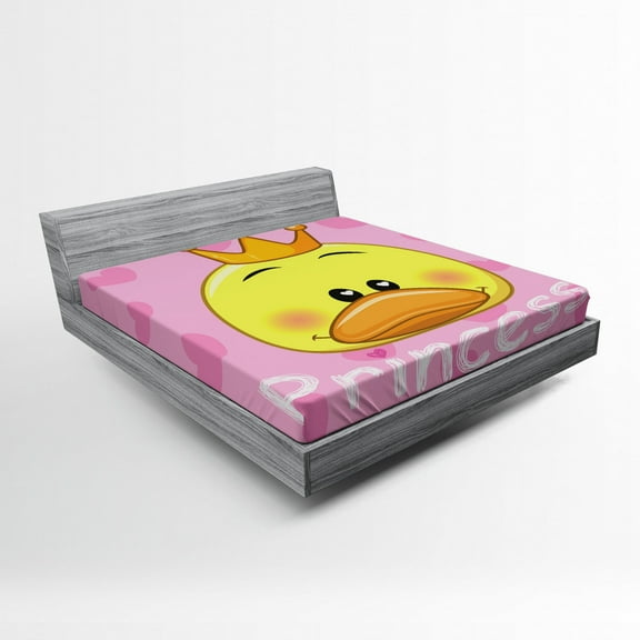 Ambesonne Feminine Fitted Sheet, Cartoon Duck with Tiara, Full Size, Yellow and Pink