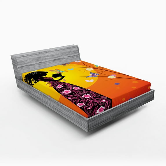 Ambesonne Feminine Fitted Sheet, Floral Dress, Queen Size, Orange Black