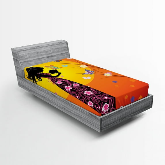 Ambesonne Feminine Fitted Sheet, Floral Dress, Twin XL Size, Orange Black