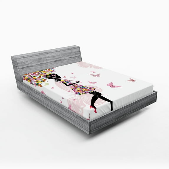 Ambesonne Feminine Fitted Sheet, Floral Umbrella Dress, Full Size, Black and Pink