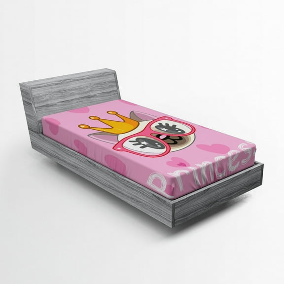 Ambesonne Feminine Fitted Sheet, Happy Cartoon Cat, Twin Size, Yellow and Pink