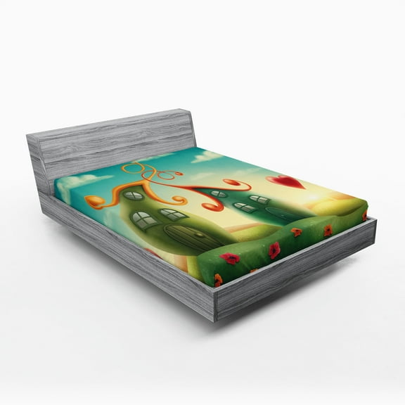 Ambesonne Feminine Fitted Sheet, Heart Shaped Trees Red, Full Size, Green and Red